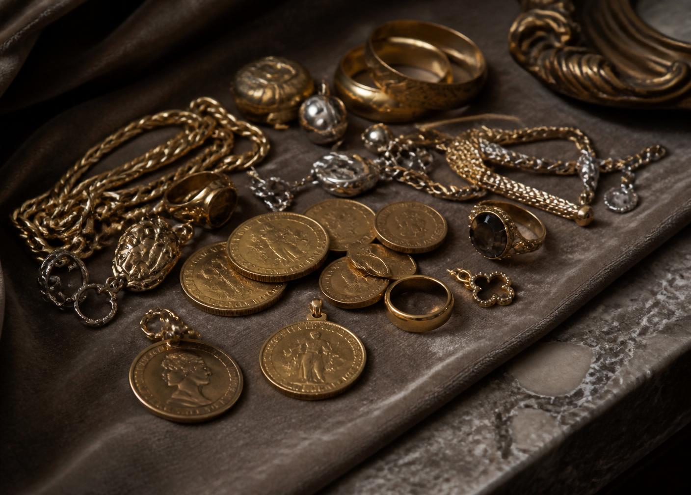 Gold coins, chains, and estate pieces on taupe velvet